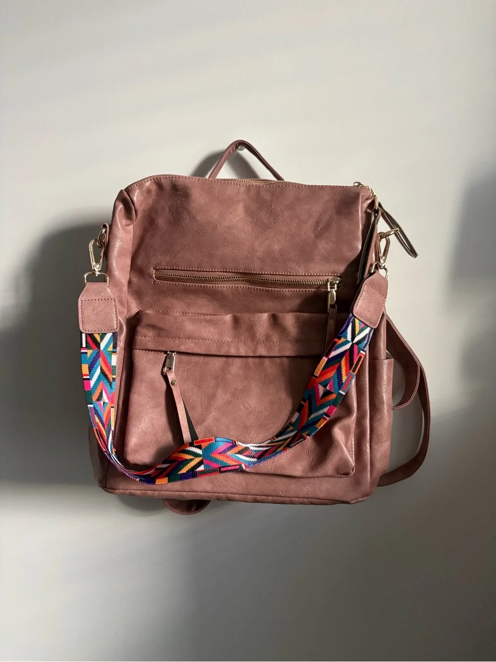 Dusty Rose Women’s Backpack with Colorful Strap